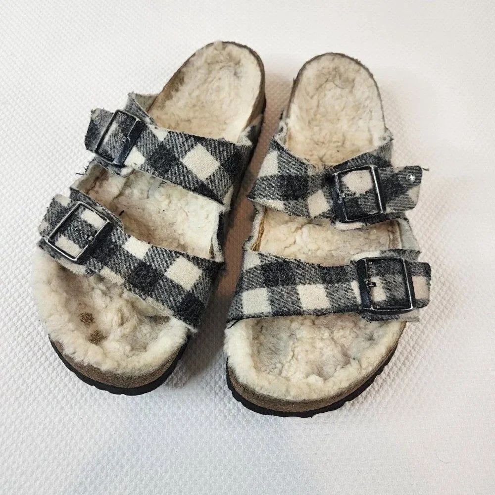 Birkenstock Mens Size 43 US 10 Arizona White Gray Shearling Plaid Natural Wool